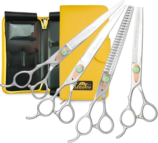 Kenchii Future Star Dog Grooming Scissors Lefty Set Premium Kit for Novice & Pro Groomers Straight Curved Thinner & Blender Shears with Micro Serrated Blades Includes Case and Inserts.