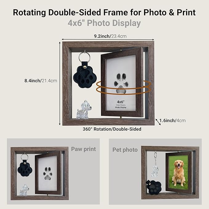Dog Memorial Gifts Picture Frame, Pet Paw Print Kit & Fur Keepsake Keychain Set - 360 Rotating Wood Frame for Loss of Dog Sympathy Gift, Pet Bereavement & Remembrance