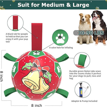 QDAN Christmas Dog Balls with Straps, Squeaky Dog Toys for Indoor Outdoor Playing, Puppy Birthday Gifts, Pet Toy Ball, Durable Herding Balls for Dogs (8 Inch)