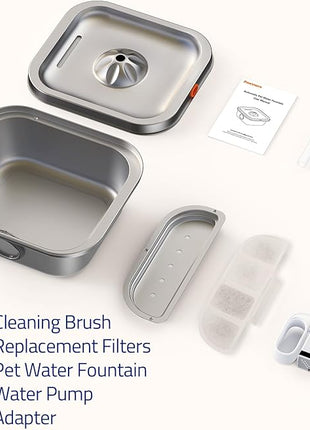 Cat Water Fountain Stainless Steel, 4L/135oz Pet Fountain, Automatic Dog Drinking Dispenser with Water Level Window, Filter, Quiet Pump, Silver