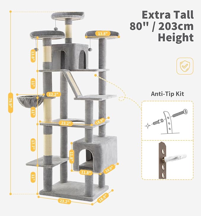 Made4Pets Tall Cat Tree, 80" Cat Tree Tower for Indoor Cats Large Adult, Modern Cat Tower with Scratching Post, Cozy Hammock, 3 Perches and 2 Condos, Sturdy and Fluffy, Light Gray