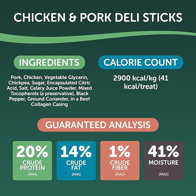 Deli Sticks Pork and Chicken Human-Grade Gluten-Free Soft and Chewy Dog Treats, 10 Count Bag
