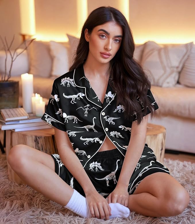 Women’s Silk Satin Pajama Set, Short Sleeve Button Down 2 Piece PJs with Shorts, Cozy Loungewear & Matching Holiday Pajamas