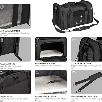 Large Soft Sided Cat and Pet Carrier for Cats and Puppies up to 25Lbs - Collapsible, Waterproof Travel Carrier - Black