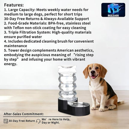 RIZZARI Dog Water Dispenser Bowl: 8L Large Black Stainless Steel Automatic Pet Dispenser with Triple Filter and Specialized Brush - for Senior Dogs with Joint Problems in Garage Garden