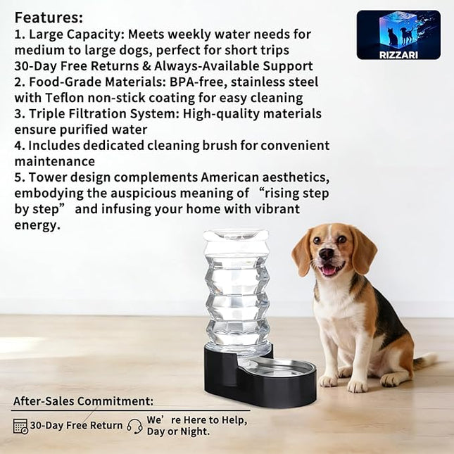 RIZZARI Dog Water Dispenser Bowl: 8L Large Black Stainless Steel Automatic Pet Dispenser with Triple Filter and Specialized Brush - for Senior Dogs with Joint Problems in Garage Garden