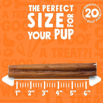 6 Inch Bully Sticks for Small Dogs | Odorless High Protein Single Ingredient Dog Treat (20 Pack)