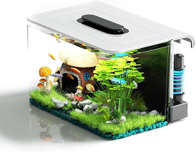 Betta Fish Tank, 2.5 Gallon Aquarium Kit with Modular Filtration, Heater, Light, Self Cleaning, Oxygenation, Small Fish Tank for Guppy, Shrimp