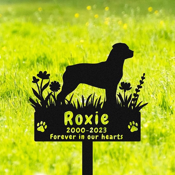 Personalized Dog Rottweiler Memorial Grave Marker Metal Garden Stake, Custom Flowers Rottweiler Memorial Stake Grave Marker Plaque Tombstone for Cemetery Outdoors Dog Memorial Gifts
