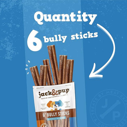 Jack&Pup 6-inch Jumbo Bully Sticks (6 Pack) Single Ingredient, Extra Thick Pizzle Sticks for Dogs | Longest Lasting Bully Sticks for Medium to Large Dogs