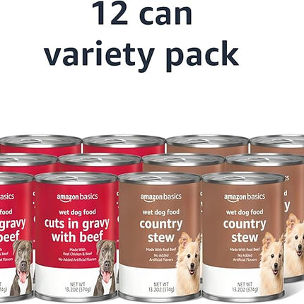 Amazon Basics Wet Dog Food Variety Pack, Country Stew Flavor and Cuts in Gravy with Beef, Made with Natural Ingredients, 13.2oz Cans (Pack of 12)