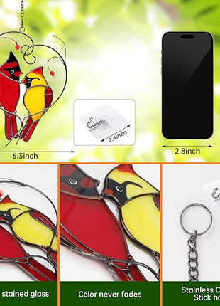 Cardinal Suncatchers Stained Glass for Windows Hangings,Male & Female Cardinal Stained Glass Sun Catchers, Red Love Birds Home Ornament,Gifts for Women