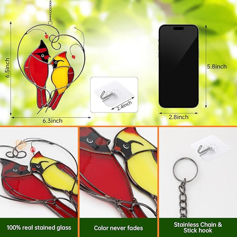 Cardinal Suncatchers Stained Glass for Windows Hangings,Male & Female Cardinal Stained Glass Sun Catchers, Red Love Birds Home Ornament,Gifts for Women