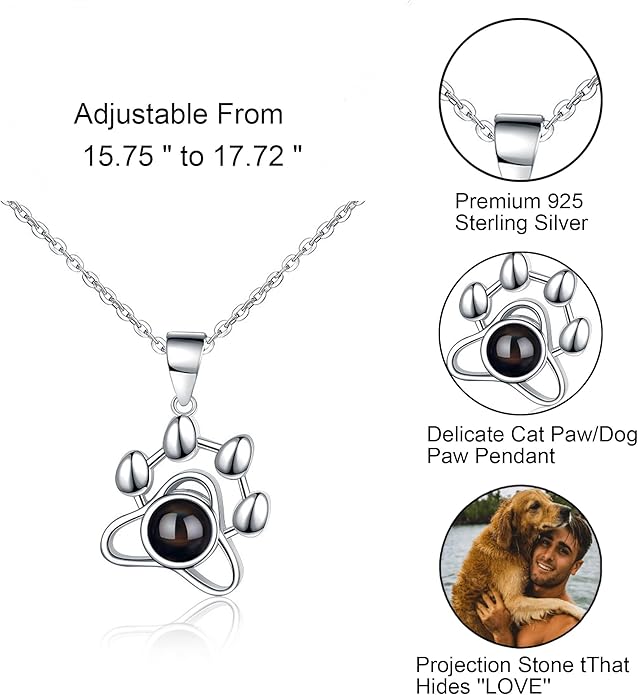 925 Sterling Silver Paw Print Necklace with Picture Inside–Personalized Memorial Necklace, Custom Photo Jewelry with Gift Box, Pet Jewelry Keepsake