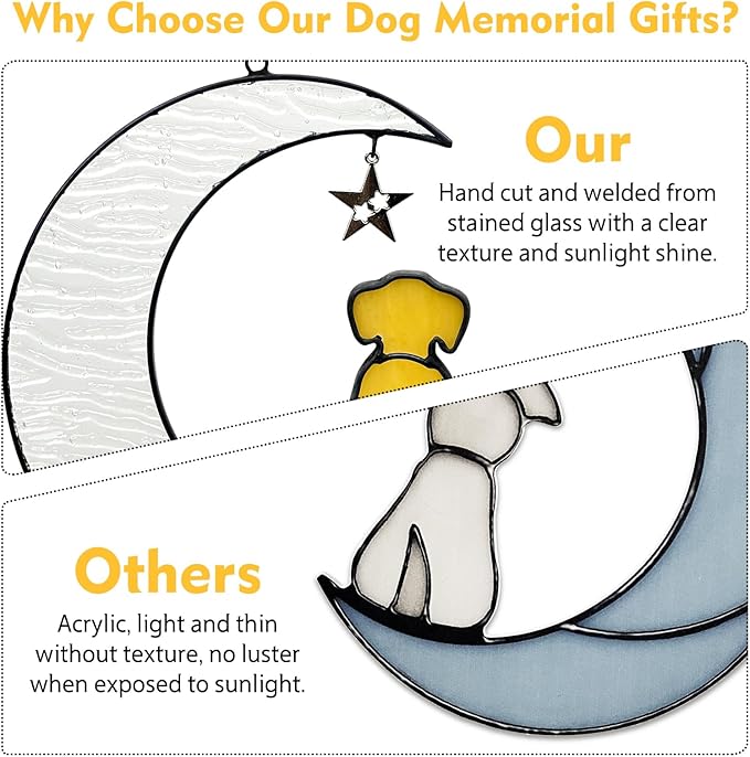 Fhiny Dog Memorial Suncatcher Stained Glass Dog Memorial Gifts Window Hanging Christmas Ornament Pet Sympathy Gifts for Dog Lovers Puppy Remembrance Gift Christmas Tree Decor (Yellow)