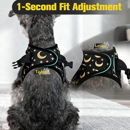 EXPAWLORER Small Dog Harness and Leash Set - Cute Puppy Harness Leash Dog Collar with AirTag Holder Silicone Case, Soft Padded Step in Pet Vest Reflective for Outdoor Walking, Star-Moon S