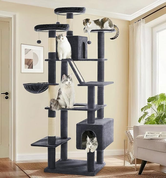 Made4Pets Tall Cat Tree, 80" Cat Tree Tower for Indoor Cats Large Adult, Modern Cat Tower with Scratching Post, Cozy Hammock, 3 Perches and 2 Condos, Sturdy and Fluffy, Dark Gray