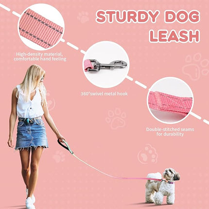 Roses&Poetry Pink Dog Leash and Collar Set, Reflective Dog Collar and Leash for Large Dogs, Adjustable Durable Matching Collars with Leashes for Large Dogs (Pink Gradient-L)