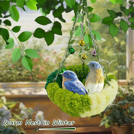 Bird Nest with Bell for Cage,Plush Hanging Bird Bed for Parakeet Indoor & Outdoor,Breeding Bird House for Conure,Budgie,Cockatiel,Lovebird,Canary,Finch,Hamster,Small Pets,Warm Nest,Green S