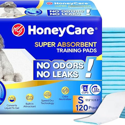 Honey Care All-Absorb, Small 17.5" x 23.5", 120 Count, Dog and Puppy Training Pads, Ultra Absorbent and Odor Eliminating, Leak-Proof 5-Layer Potty Training Pads with Quick-Dry Surface, Blue, A05