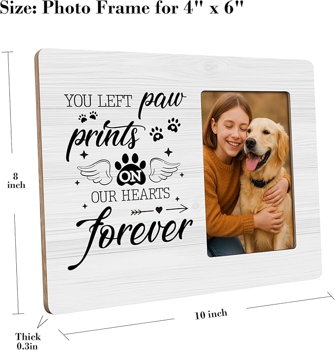 Dog Memorial Gifts for Loss of Dog Frame, Pet Loss Sympathy Gift Picture Frame, You Left Paw Prints on Our Hearts Frames Fits 4x6 Photo