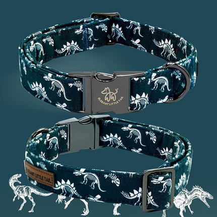 Elegant little tail Dog Collar, Dinosaurs Print Pet Collars with Bow Soft Cutton Boy Puppy Gift Adjustable Blue Bowtie Dog Collar for Large Dogs