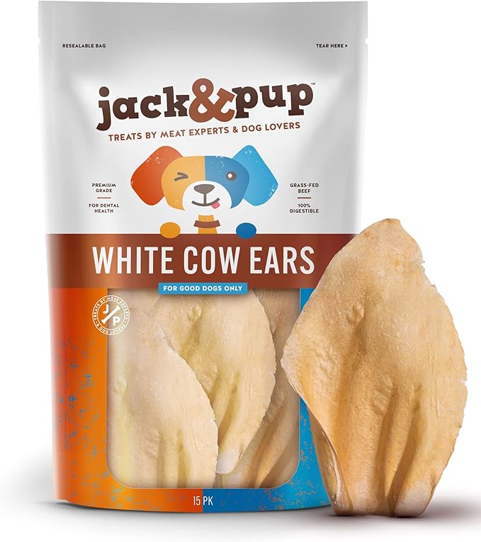 Jack&Pup White Cow Ears for Dogs - Cow Ear Dog Treats, Single Ingredient, High Protein, Pig Ear Alternative Dog Treats - Cow Ears for Small and Large Dogs (15 Pack)