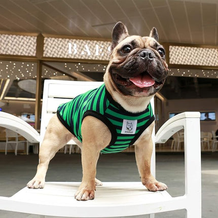iChoue French Bulldog 100% Breathable Cotton Striped T Shirts Halloween Vest Clothes for Medium Dogs Tank Tops Frenchie Pug English Boston Terrier Pitbull Green Black Stripes - Large