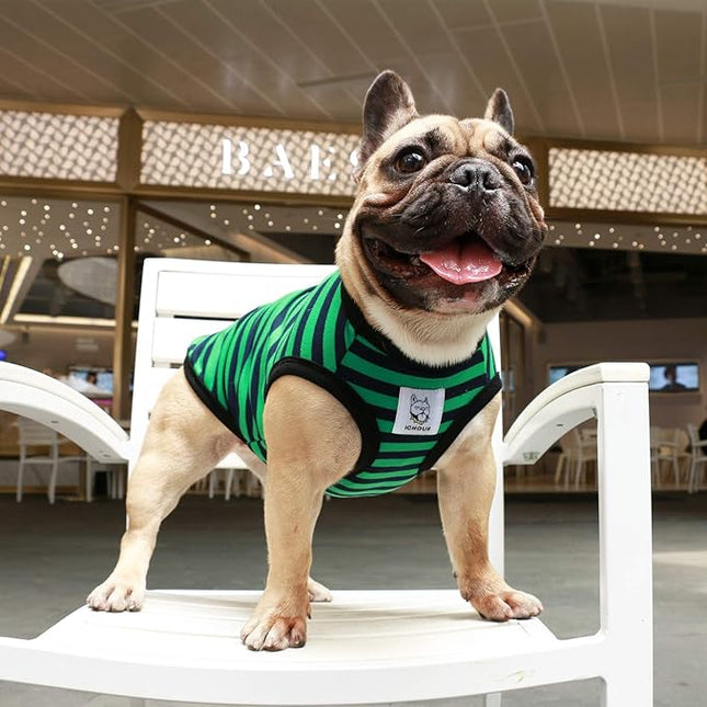 iChoue French Bulldog 100% Breathable Cotton Striped T Shirts Halloween Vest Clothes for Medium Dogs Tank Tops Frenchie Pug English Boston Terrier Pitbull Green Black Stripes - Large