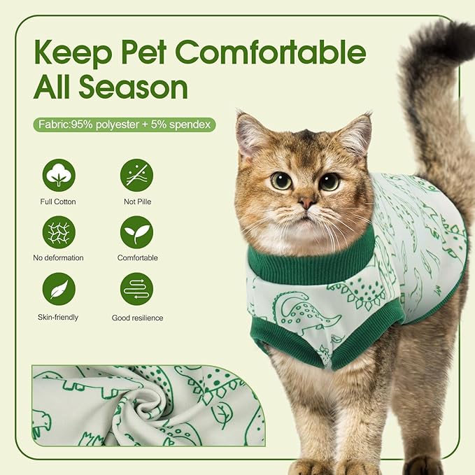 Sphynx Hairless Cat Clothes with Dinosaur Print, Pullover Kitten T-Shirts Vest, Sleeveless Bodysuit Cat Pajamas Jumpsuit, Breathable Daily Wear Clothes for Cats