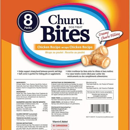 INABA Churu Bites for Dogs, Grain-Free, Soft/Chewy Baked Chicken Wrapped Churu Filled Dog Treats with Vitamin E, 0.42 Ounces Each Tube|64 Tubes Total (Pack of 8), Chicken Recipe