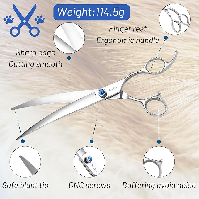 10inch Curved Dog Grooming Scissors Professional, Japanese VG10 Steel Sharp Dog Scissors for Grooming, 30 Degree Bend, with CNC Screw & Blunt Tip, Pet Trimming Shears for Dogs Cats Face and Paws