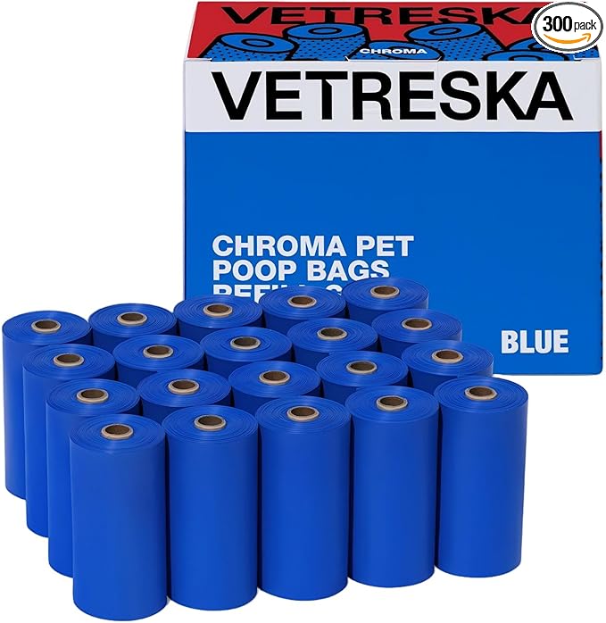 VETRESKA Dog Poop Bags, Leak Proof, Extra Thick and Large Pet Waste Bags for Dog Walking and Cat Litter, Spiced Vetiver & Moss Scented, 20 Refill Rolls, 300 Bags, Blue
