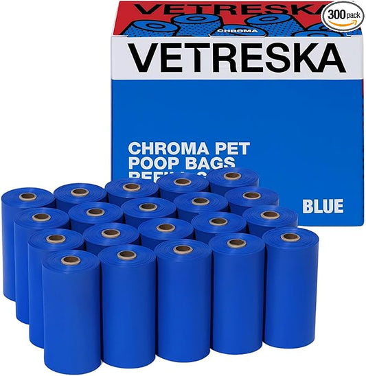 VETRESKA Dog Poop Bags, Leak Proof, Extra Thick and Large Pet Waste Bags for Dog Walking and Cat Litter, Spiced Vetiver & Moss Scented, 20 Refill Rolls, 300 Bags, Blue
