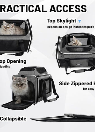 Cat Carrier Top-Expandable 18x11x11, United Delta American Airline Approved Dog Carrier, Soft-Sided Pet Carry Bag Under-Seat in Cabin, Puppy Airplane Travel Crate TSA Plane Kitten Cage Grey