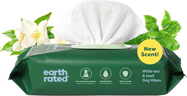 Earth Rated Pet Wipes for Dogs and Cats, Hypoallergenic, 3-in-1 Cleaning, Deodorizing and Hydrating, for Grooming Paws, Body and Butt, New White Tea and Basil Scent, 100 Count