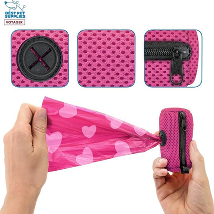 Best Pet Supplies Dog Poop Bag Holder Leash Attachment with 15 Bags, Fuchsia, Reusable Mesh Dispenser Pouch for Travel, Walking, Park, and Outdoor Use, Soft and Durable with Clip-On (Pack of 3)