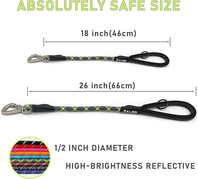 ZALER Short Dog Leash, 26 Inches Rope Traffic Leashes for Dogs, Reflective Dog Lead with O-Ring, Heavy Duty Pet Leash for Large and Medium Dogs (26" Green Gray)