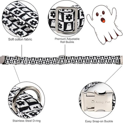 ARING PET Halloween Dog Collar with Bow, Black White Plaid Ghost Floral Cute Pet Collars with Quick Release Buckle for Puppy Small Medium Large Girl Boy Dogs-L