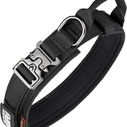 EXCELLENT ELITE SPANKER Tactical Dog Collar Nylon Adjustable Training Collar Military Dog Collar Heavy Duty Metal Buckle with Control Handle for Medium and Large Dogs with Patchese(Black-M)