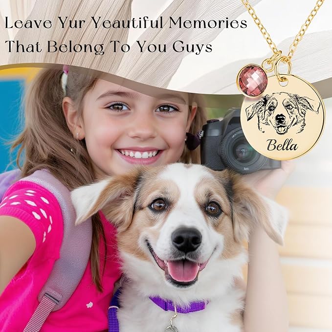 Personalized Pet Portrait Necklace Customized Pet Memorial Necklaces Dog Necklace for Women Custom Pets Necklaces Dog Memorial Jewelry for Cat Mom Dogs Dad (Gold 1 Portrait)