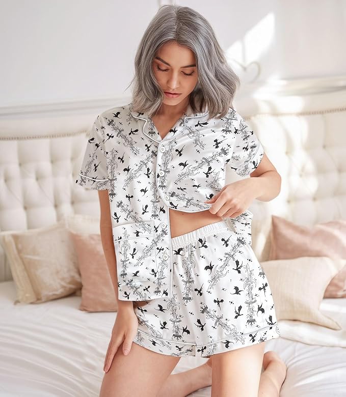 Women’s Silk Satin Pajama Set, Short Sleeve Button Down 2 Piece PJs with Shorts, Cozy Loungewear & Matching Holiday Pajamas