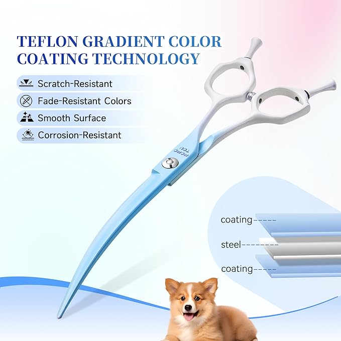 Curved Dog Grooming Scissors Blue to White Gradient 440C Stainless Steel Pet Grooming Shears Sharp Durable Dog Shears for Professional or Home Use Ergonomic Handle with 2 Silicone Finger Rings
