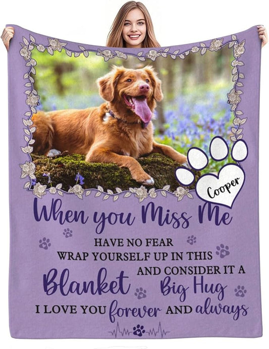 Custom Pet Memorial Blanket with Photo,Personalized Dog/Cat Loss Sympathy Gift,Pet Loss Bereavement Remembrance Gifts,Flannel Throw Blanket with Pictures (Purple)