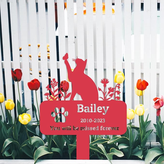 Personalized Metal Pet Memorial Garden Stake Cat Grave Marker, Custom Flowers Cat Memorial Grave Marker, Customized Memorial Stake Cat Garden Statue Pet Burial Marker Headstone for Cats