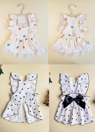 QWINEE 2pc Cute Heart Pattern Dog Dress Ruffle Trim Princess Dress Cat Vest Dress Lace Trim Summer Dress Pet Clothes for Small Medium Cats Dogs Kitten Puppy Black Multi X-Small