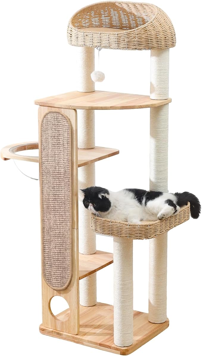 59-inch Cat Tree，Cat Tower with Scratching Post,Extra Long Sisal Blanket, Handwoven Basket & Space Capsule Nest
