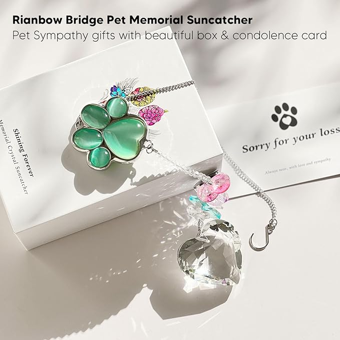 Pet Memorial Suncatcher - Loss of Dog Sympathy Gift, Pet Memorial Gifts for Dogs, Thoughtful Dogs and Cats Bereavement Remembrance Gifts, Gemstone Paw Crystal Suncatcher(Jade)