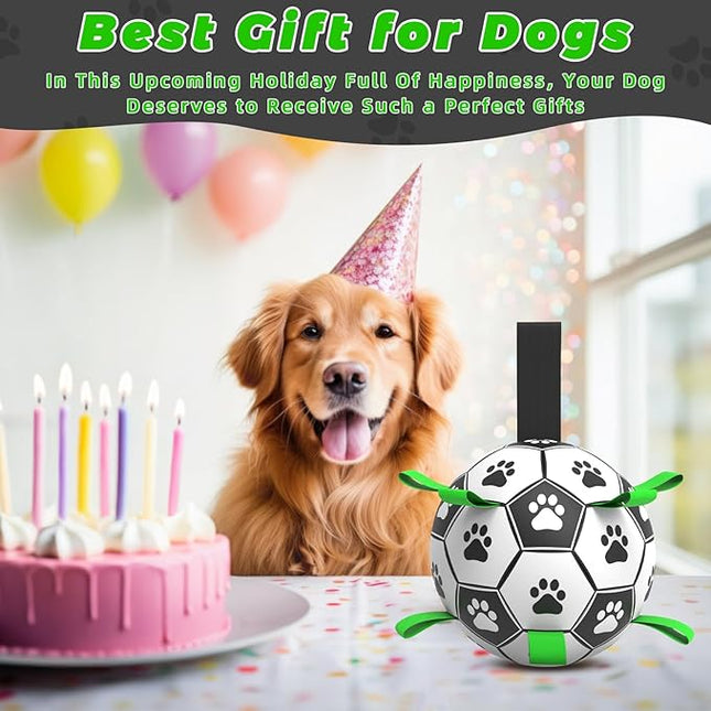 QDAN Dog Toys for Small Medium Puppy, Soccer Ball for Dogs with Straps, Dog Herding Balls, Birthday Toy Gifts, (Black Greem, 6 Inch)