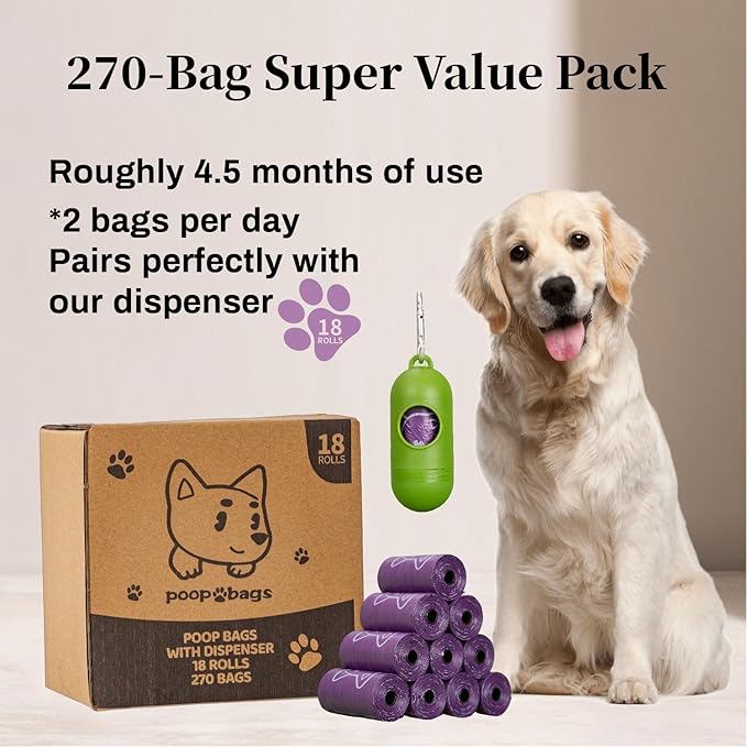 270 Count Dog Poop Bags Rolls with Dispenser & Leash Clip, 9″ x 13″ Scented Biodegradable Leak Proof Poop Bags for Dogs, Cats & Pet Waste, 18 Refill Rolls of 15, Purple